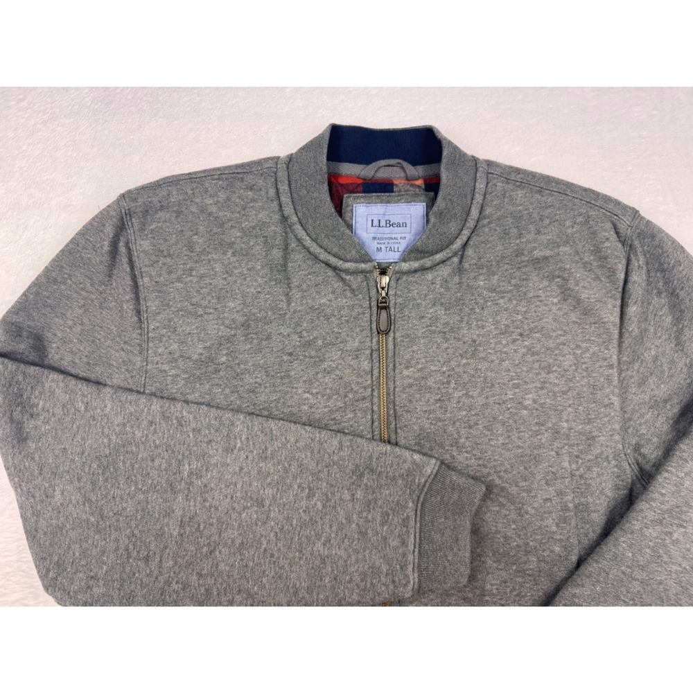 LL Bean Mens M Tall Gray Insulated Bomber Jacket Flannel Lined Full Zip 503336